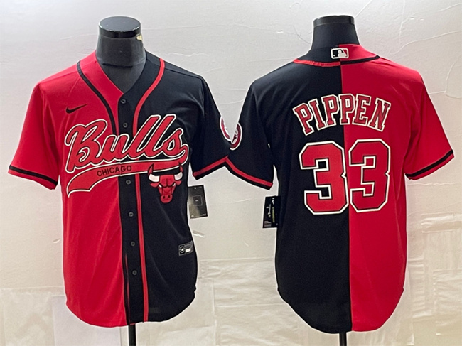 Men's Chicago Bulls #33 Scottie Pippen Red/Black Split Cool Base Stitched Baseball Jersey Men's Chicago Bulls #33 Scottie Pippen Red/Black Split Cool Base Stitched Baseball Jersey